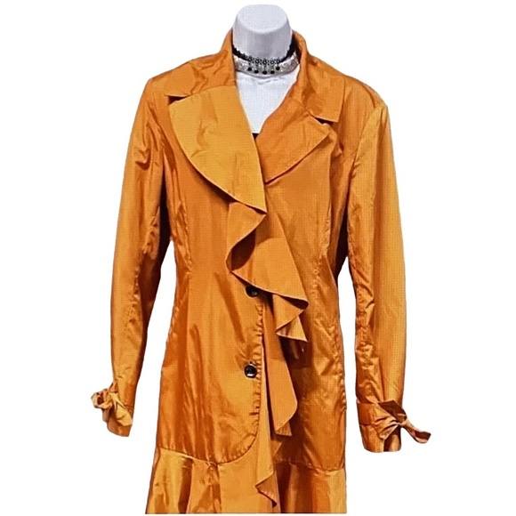 NWOT COLE HAAN Tangerine Orange Ruffle Flirty Trench Rain Coat Retro Designer M - Picture 6 of 16